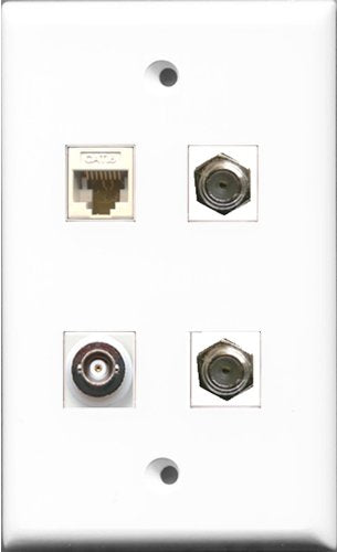 RiteAV - 2 Port Coax Cable TV- F-Type and 1 Port BNC and 1 Port Cat6 Ethernet White Wall Plate