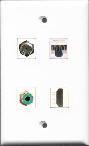 RiteAV 1 Port HDMI and 1 Port RCA Green and 1 Port Coax Cable TV- F-Type and 1 Port Cat5e Ethernet White Wall Plate