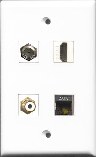 RiteAV 1 Port HDMI and 1 Port RCA White and 1 Port Coax Cable TV- F-Type and 1 Port Shielded Cat6 Ethernet Wall Plate
