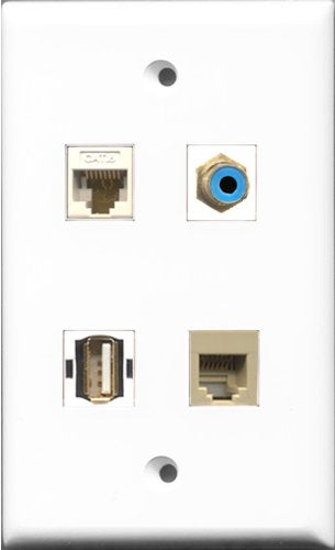 RiteAV 1 Port RCA Blue and 1 Port USB A-A and 1 Port Phone RJ11 RJ12 Beige and 1 Port Cat6 Ethernet White Wall Plate