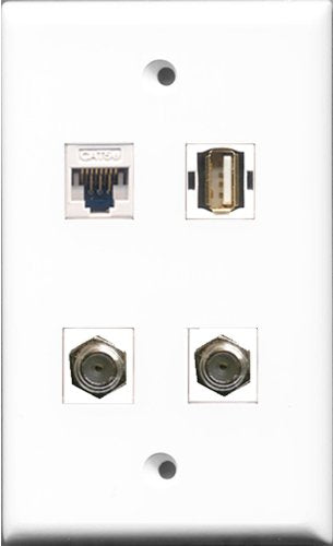 RiteAV - 2 Port Coax Cable TV- F-Type and 1 Port USB A-A and 1 Port Cat5e Ethernet White Wall Plate