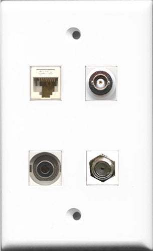 RiteAV 1 Port Coax Cable TV- F-Type and 1 Port 3.5mm and 1 Port BNC and 1 Port Cat6 Ethernet White Wall Plate