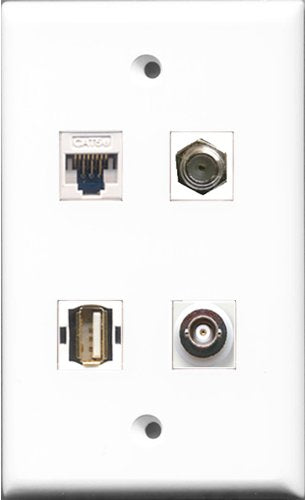 RiteAV - 1 Port Coax Cable TV- F-Type and 1 Port USB A-A and 1 Port BNC and 1 Port Cat5e Ethernet White Wall Plate