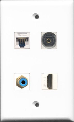 RiteAV 1 Port HDMI and 1 Port RCA Blue and 1 Port Toslink and 1 Port Cat5e Ethernet White Wall Plate