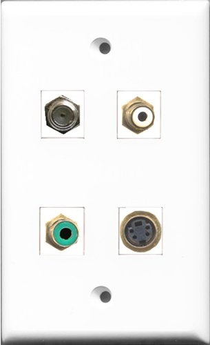 RiteAV 1 Port RCA White and 1 Port RCA Green and 1 Port Coax Cable TV- F-Type and 1 Port S-Video Wall Plate