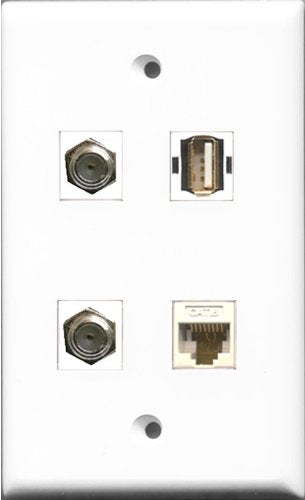 RiteAV - 2 Port Coax Cable TV- F-Type and 1 Port USB A-A and 1 Port Cat6 Ethernet White Wall Plate