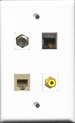 RiteAV 1 Port RCA Yellow and 1 Port Coax Cable TV- F-Type and 1 Port Phone RJ11 RJ12 Beige and 1 Port Shielded Cat6 Ethernet Wall Plate