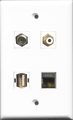 RiteAV 1 Port RCA White and 1 Port Coax Cable TV- F-Type and 1 Port USB A-A and 1 Port Shielded Cat6 Ethernet Wall Plate