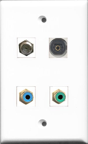 RiteAV 1 Port RCA Green and 1 Port RCA Blue and 1 Port Coax Cable TV- F-Type and 1 Port Toslink Wall Plate
