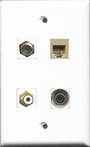 RiteAV 1 Port RCA White and 1 Port Coax Cable TV- F-Type and 1 Port Phone RJ11 RJ12 Beige and 1 Port 3.5mm Wall Plate
