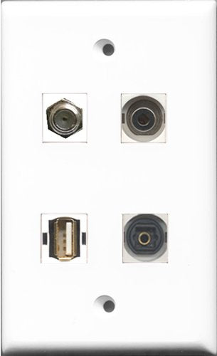 RiteAV 1 Port Coax Cable TV- F-Type and 1 Port USB A-A and 1 Port Toslink and 1 Port 3.5mm Wall Plate