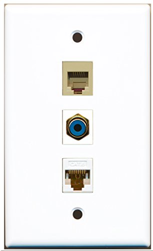 RiteAV - 1 Port RCA Blue and 1 Port Phone RJ11 RJ12 Beige and 1 Port Cat6 Ethernet White Wall Plate