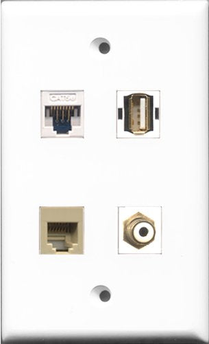 RiteAV 1 Port RCA White and 1 Port USB A-A and 1 Port Phone RJ11 RJ12 Beige and 1 Port Cat5e Ethernet White Wall Plate