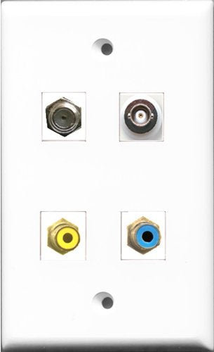 RiteAV 1 Port RCA Yellow and 1 Port RCA Blue and 1 Port Coax Cable TV- F-Type and 1 Port BNC Wall Plate