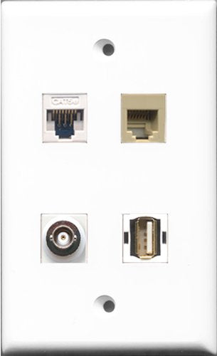 RiteAV 1 Port USB A-A and 1 Port Phone RJ11 RJ12 Beige and 1 Port BNC and 1 Port Cat5e Ethernet White Wall Plate