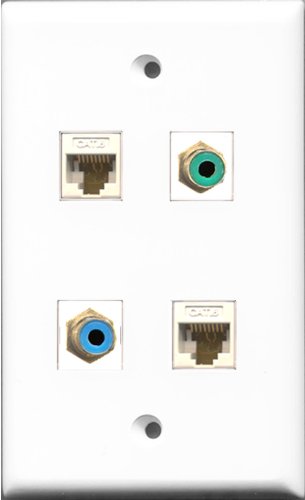RiteAV 1 Port RCA Green and 1 Port RCA Blue 2 Port Cat6 Ethernet White Wall Plate