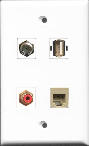 RiteAV 1 Port RCA Red and 1 Port Coax Cable TV- F-Type and 1 Port USB A-A and 1 Port Phone RJ11 RJ12 Beige Wall Plate