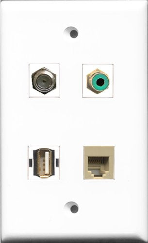RiteAV 1 Port RCA Green and 1 Port Coax Cable TV- F-Type and 1 Port USB A-A and 1 Port Phone RJ11 RJ12 Beige Wall Plate