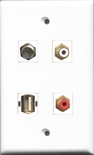 RiteAV 1 Port RCA Red and 1 Port RCA White and 1 Port Coax Cable TV- F-Type and 1 Port USB A-A Wall Plate