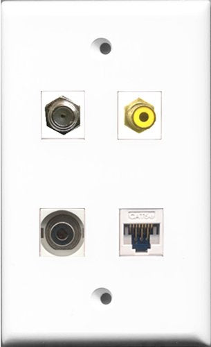 RiteAV 1 Port RCA Yellow and 1 Port Coax Cable TV- F-Type and 1 Port 3.5mm and 1 Port Cat5e Ethernet White Wall Plate