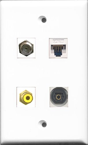 RiteAV 1 Port RCA Yellow and 1 Port Coax Cable TV- F-Type and 1 Port Toslink and 1 Port Cat5e Ethernet White Wall Plate