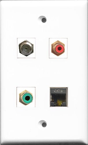 RiteAV 1 Port RCA Red and 1 Port RCA Green and 1 Port Coax Cable TV- F-Type and 1 Port Shielded Cat6 Ethernet Wall Plate