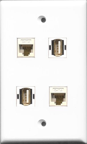 RiteAV - 2 Port USB A-A 2 Port Cat6 Ethernet White Wall Plate