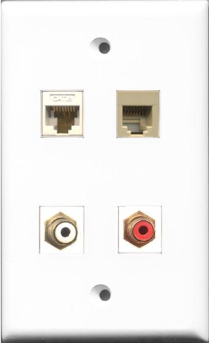 RiteAV 1 Port RCA Red and 1 Port RCA White and 1 Port Phone RJ11 RJ12 Beige and 1 Port Cat6 Ethernet White Wall Plate