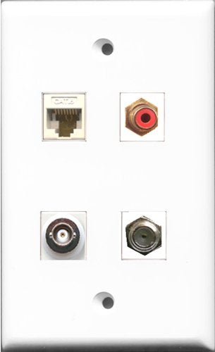 RiteAV 1 Port RCA Red and 1 Port Coax Cable TV- F-Type and 1 Port BNC and 1 Port Cat6 Ethernet White Wall Plate