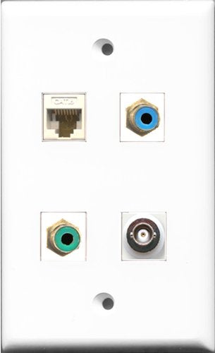 RiteAV 1 Port RCA Green and 1 Port RCA Blue and 1 Port BNC and 1 Port Cat6 Ethernet White Wall Plate