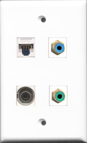 RiteAV 1 Port RCA Green and 1 Port RCA Blue and 1 Port 3.5mm and 1 Port Cat5e Ethernet White Wall Plate