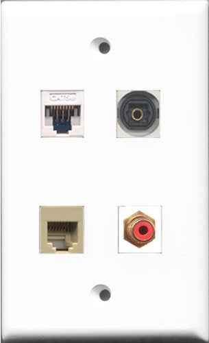 RiteAV 1 Port RCA Red and 1 Port Phone RJ11 RJ12 Beige and 1 Port Toslink and 1 Port Cat5e Ethernet White Wall Plate