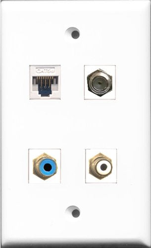 RiteAV - 1 Port RCA White and 1 Port RCA Blue and 1 Port Coax Cable TV- F-Type and 1 Port Cat5e Ethernet White Wall Plate