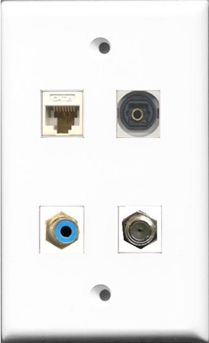 RiteAV 1 Port RCA Blue and 1 Port Coax Cable TV- F-Type and 1 Port Toslink and 1 Port Cat6 Ethernet White Wall Plate