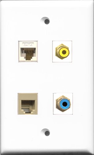 RiteAV 1 Port RCA Yellow and 1 Port RCA Blue and 1 Port Phone RJ11 RJ12 Beige and 1 Port Cat6 Ethernet White Wall Plate