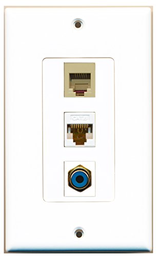 RiteAV - 1 Port RCA Blue and 1 Port Phone RJ11 RJ12 Beige and 1 Port Cat6 Ethernet White Decorative Wall Plate Decorative