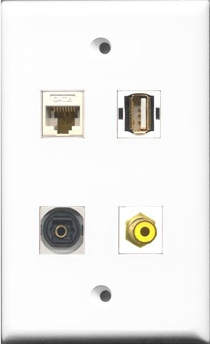RiteAV 1 Port RCA Yellow and 1 Port USB A-A and 1 Port Toslink and 1 Port Cat6 Ethernet White Wall Plate