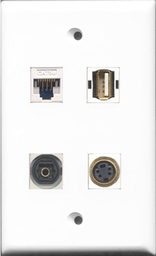 RiteAV 1 Port USB A-A and 1 Port S-Video and 1 Port Toslink and 1 Port Cat5e Ethernet White Wall Plate