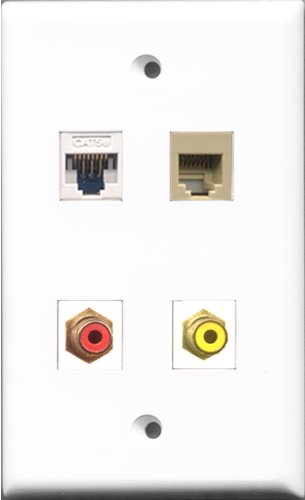 RiteAV 1 Port RCA Red and 1 Port RCA Yellow and 1 Port Phone RJ11 RJ12 Beige and 1 Port Cat5e Ethernet White Wall Plate
