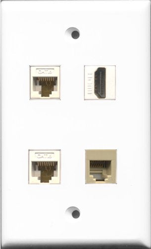 RiteAV 1 Port HDMI and 1 Port Phone RJ11 RJ12 Beige 2 Port Cat6 Ethernet White Wall Plate