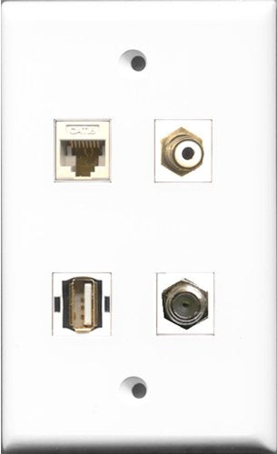 RiteAV 1 Port RCA White and 1 Port Coax Cable TV- F-Type and 1 Port USB A-A and 1 Port Cat6 Ethernet White Wall Plate