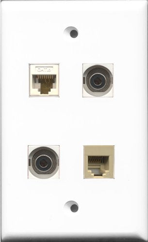RiteAV 1 Port Phone RJ11 RJ12 Beige 2 Port 3.5mm and 1 Port Cat6 Ethernet White Wall Plate