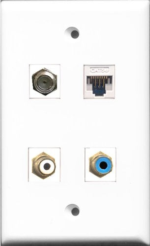 RiteAV 1 Port RCA White and 1 Port RCA Blue and 1 Port Coax Cable TV- F-Type and 1 Port Cat5e Ethernet White Wall Plate