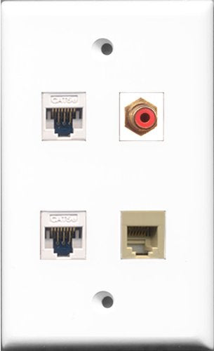 RiteAV 1 Port RCA Red and 1 Port Phone RJ11 RJ12 Beige 2 Port Cat5e Ethernet White Wall Plate