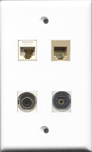 RiteAV 1 Port Phone RJ11 RJ12 Beige and 1 Port Toslink and 1 Port 3.5mm and 1 Port Cat6 Ethernet White Wall Plate