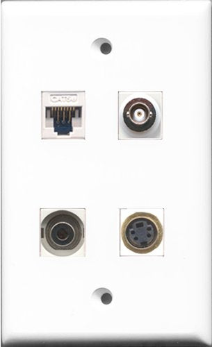 RiteAV - 1 Port S-Video and 1 Port 3.5mm and 1 Port BNC and 1 Port Cat5e Ethernet White Wall Plate