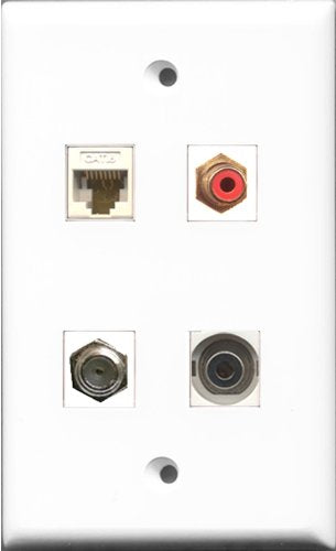 RiteAV 1 Port RCA Red and 1 Port Coax Cable TV- F-Type and 1 Port 3.5mm and 1 Port Cat6 Ethernet White Wall Plate