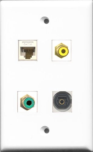 RiteAV 1 Port RCA Yellow and 1 Port RCA Green and 1 Port Toslink and 1 Port Cat6 Ethernet White Wall Plate