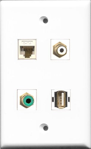 RiteAV 1 Port RCA White and 1 Port RCA Green and 1 Port USB A-A and 1 Port Cat6 Ethernet White Wall Plate