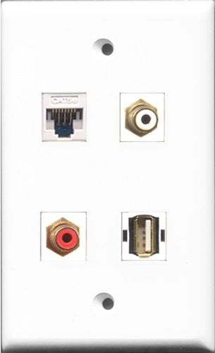RiteAV 1 Port RCA Red and 1 Port RCA White and 1 Port USB A-A and 1 Port Cat5e Ethernet White Wall Plate